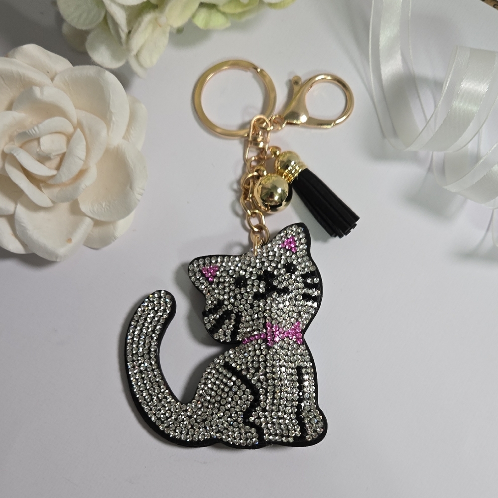 Sparkling Silver Puffy Cat Keychain Bag Charm with Pink Bow & Black Tassel